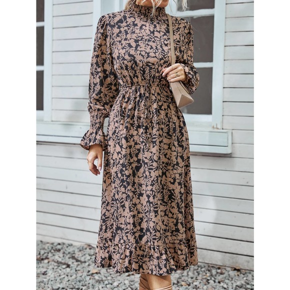 ❗️ Floral Print Shirred long Sleeve Ruffle Hem midi Dress tan black boho - Picture 6 of 7